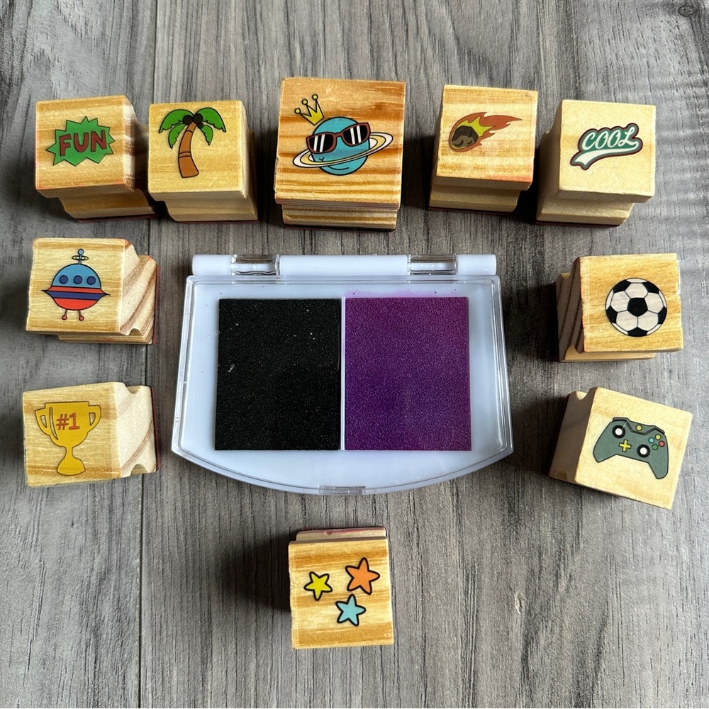 Lot of 10 mini Wooden Stamps  with Ink Pad